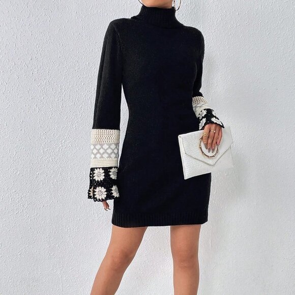 . Dresses & Skirts - Black Preppy Womens Floral Crochet Turtle Neck Trumpet Sleeve Sweater Dress